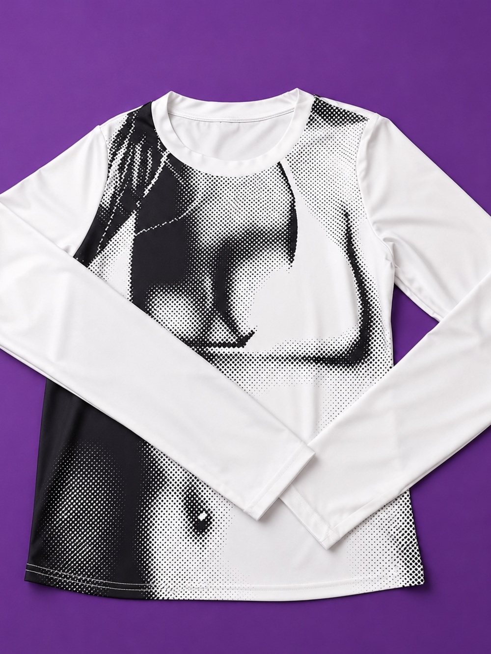 White Long Sleeve Graphic Tee with Black Halftone Print